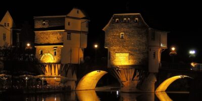 bridge houses, bad kreuznach, water reflection