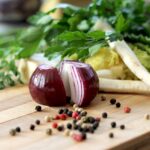 greens, onion, spices