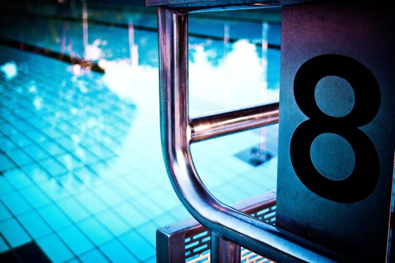 swimming pool, pool, outdoor pool, summer, swimming system, starting block, number, eight, reflection, jump off, nature, swimming pool, eight, eight, eight, eight, eight, Modernisierung der Rheinwelle