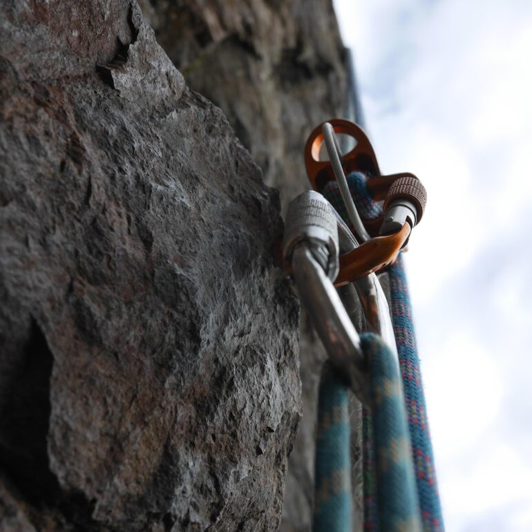 cliff, rock, rope, cord, climb, carabiner, climbing, security, reverse