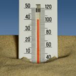 A thermometer in the sand with a blue sky in the background