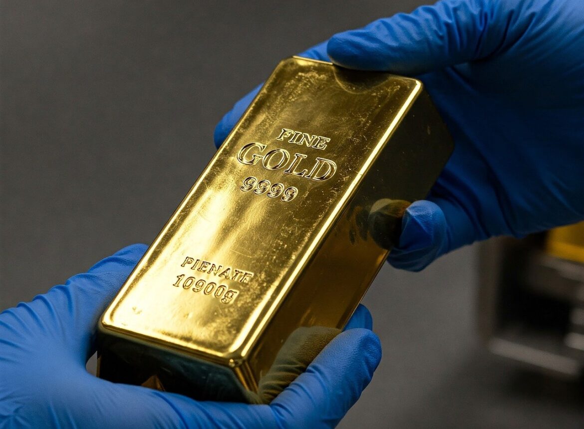 gold, ingot, fine gold, precious metal, wealth, investment, finance, money, treasure, luxury, shiny, metal, bullion, reserve, rich, value, golden, holding, hands, gloves, purity, closeup, ai generated