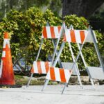construction site, side walk, barrier, bake, lock, post, blocking, beacons
