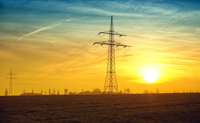 power lines, fields, sunset, twilight, sun, current, sky, evening sky, power supply, electricity, nature, dusk, rural, countryside, landscape