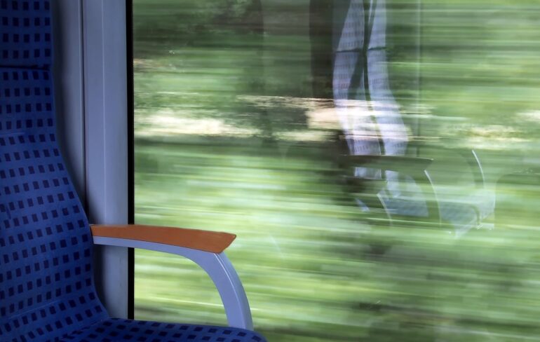train, travel, seat, window, mirrors, landscape, relax, ice, mirror image, look out, lawn, to sit, rails, rail, railroad, transport, drive train, seating, rest break, reflection, watch, coloured