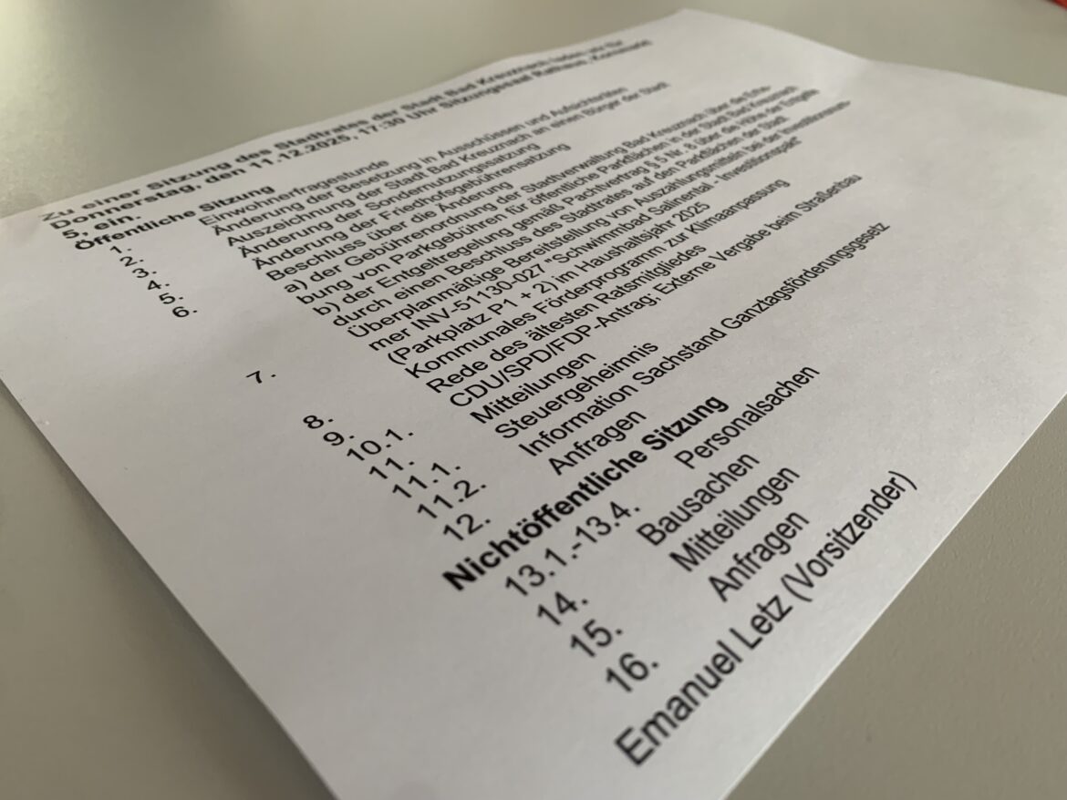 Tagesordnung der Bad Kreuznacher Stadtratssitzung vom 11.12.2025. Diskussion um Parkgebühren