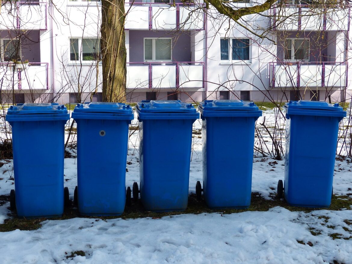 garbage can, paper wheelie bin, blue tonne, blue, ton of plastic, plastic, garbage, nature, paper, paper waste, winter, snow, cold