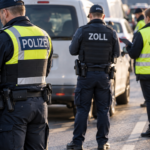 Zu sehen ist eine behördenübergreifende Verkehrskontrolle auf einer Straße. Im Vordergrund kontrolliert ein Polizeibeamter ein Fahrzeug, während im Hintergrund weitere Einsatzkräfte von Polizei, Zoll und Verwaltung zu sehen sind. Mehrere Fahrzeuge stehen an der Kontrollstelle, die mit Warnkegeln abgesichert ist.