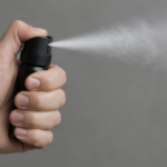Pfefferspray in einer Hand das gesprüht wird.