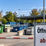Zu sehen ist die Einfahrt zu einem Entsorgungszentrum mit einer geschlossenen Schranke. Im Hintergrund stehen mehrere große Container. Im Vordergrund weist ein Schild auf die geänderte Öffnungszeit ab 11 Uhr hin, darüber ist eine Uhr zu sehen.