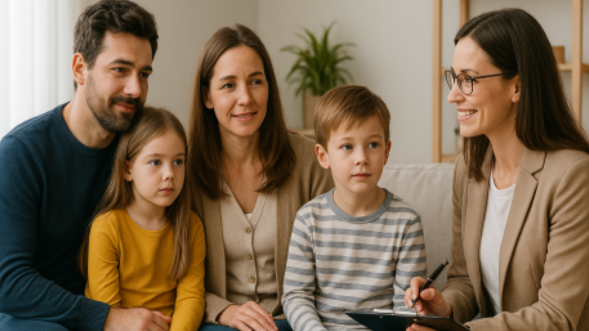 Familie mit Sozialarbeiterin