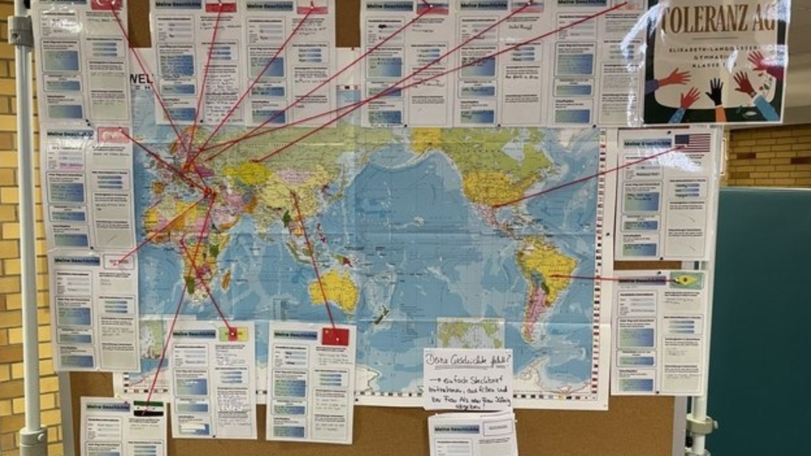 projekt der toleranz-ag: weltkarte mit herkubftsländern von schülern mit migrationsgeschichte